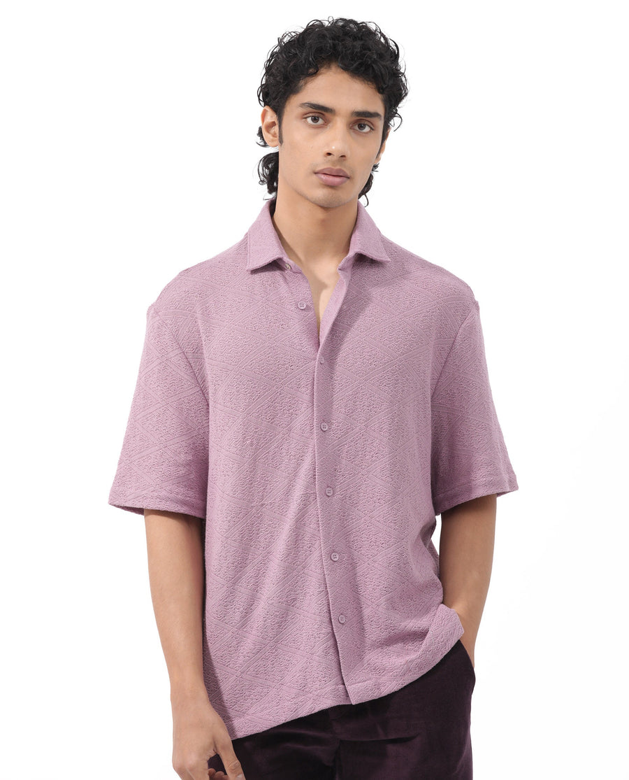 Rare Rabbit Men's Domat Dusky Purple Cotton Jacquard Boxy Fit Half Sleeve Collared Shirt