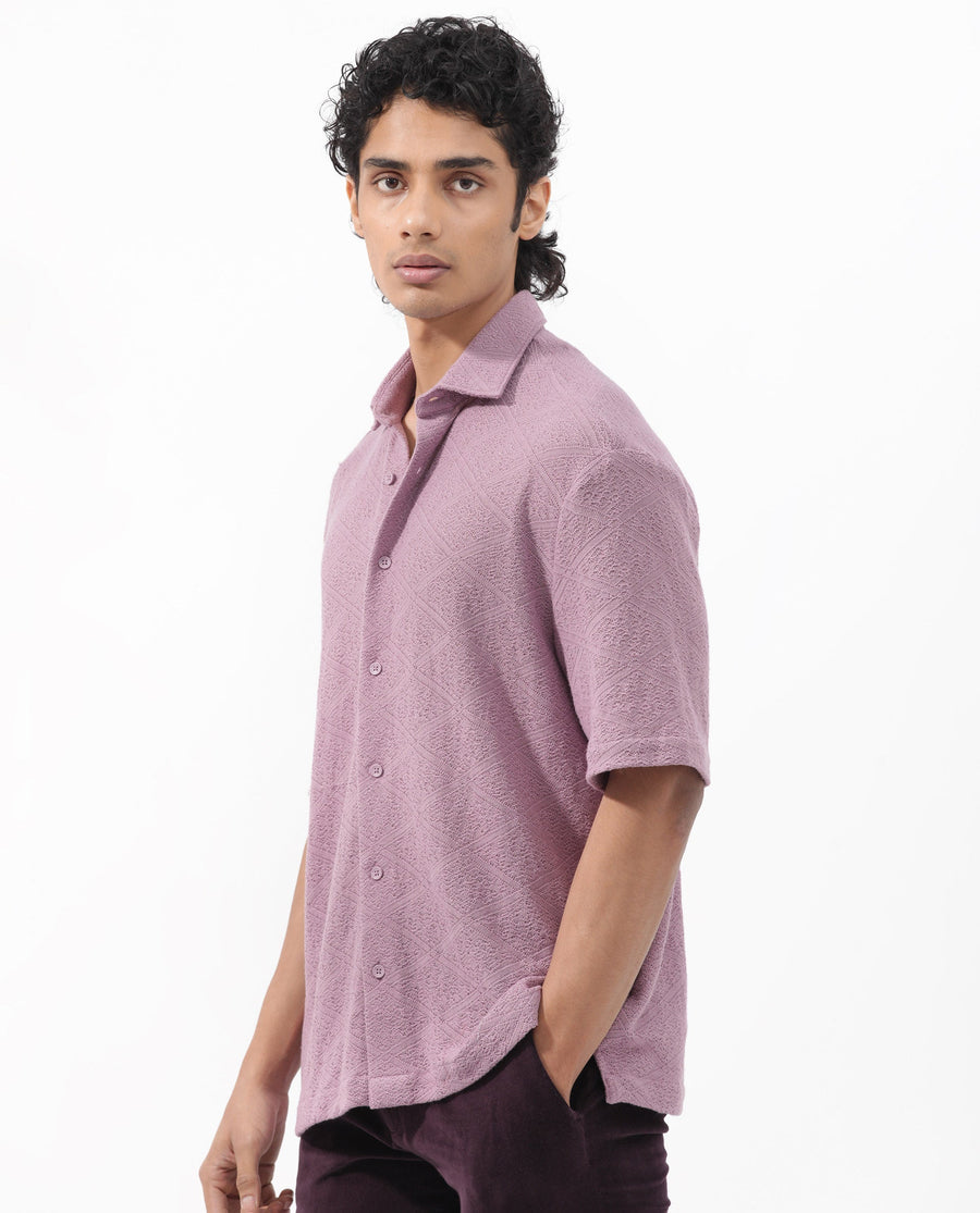 Rare Rabbit Men's Domat Dusky Purple Cotton Jacquard Boxy Fit Half Sleeve Collared Shirt