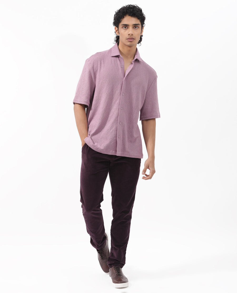 Rare Rabbit Men's Domat Dusky Purple Cotton Jacquard Boxy Fit Half Sleeve Collared Shirt