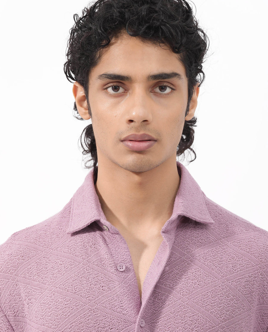 Rare Rabbit Men's Domat Dusky Purple Cotton Jacquard Boxy Fit Half Sleeve Collared Shirt