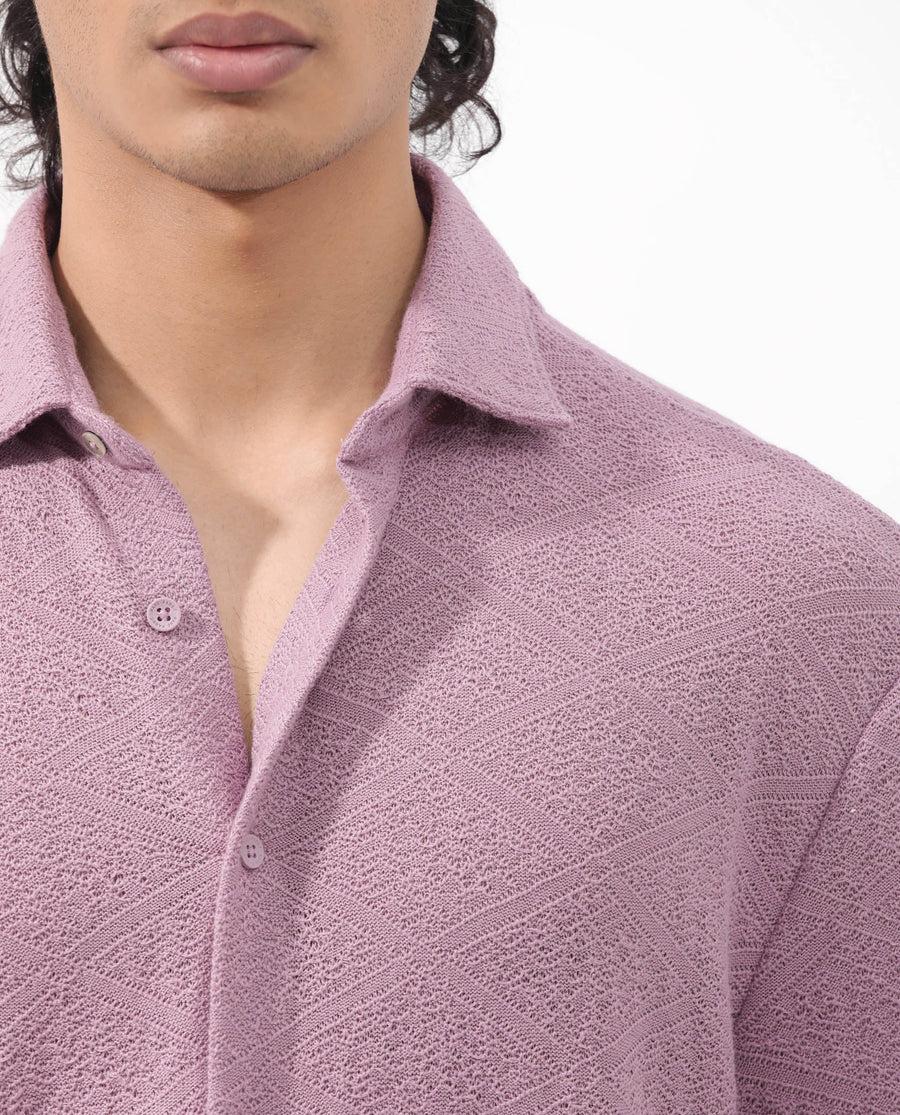 Rare Rabbit Men's Domat Dusky Purple Cotton Jacquard Boxy Fit Half Sleeve Collared Shirt
