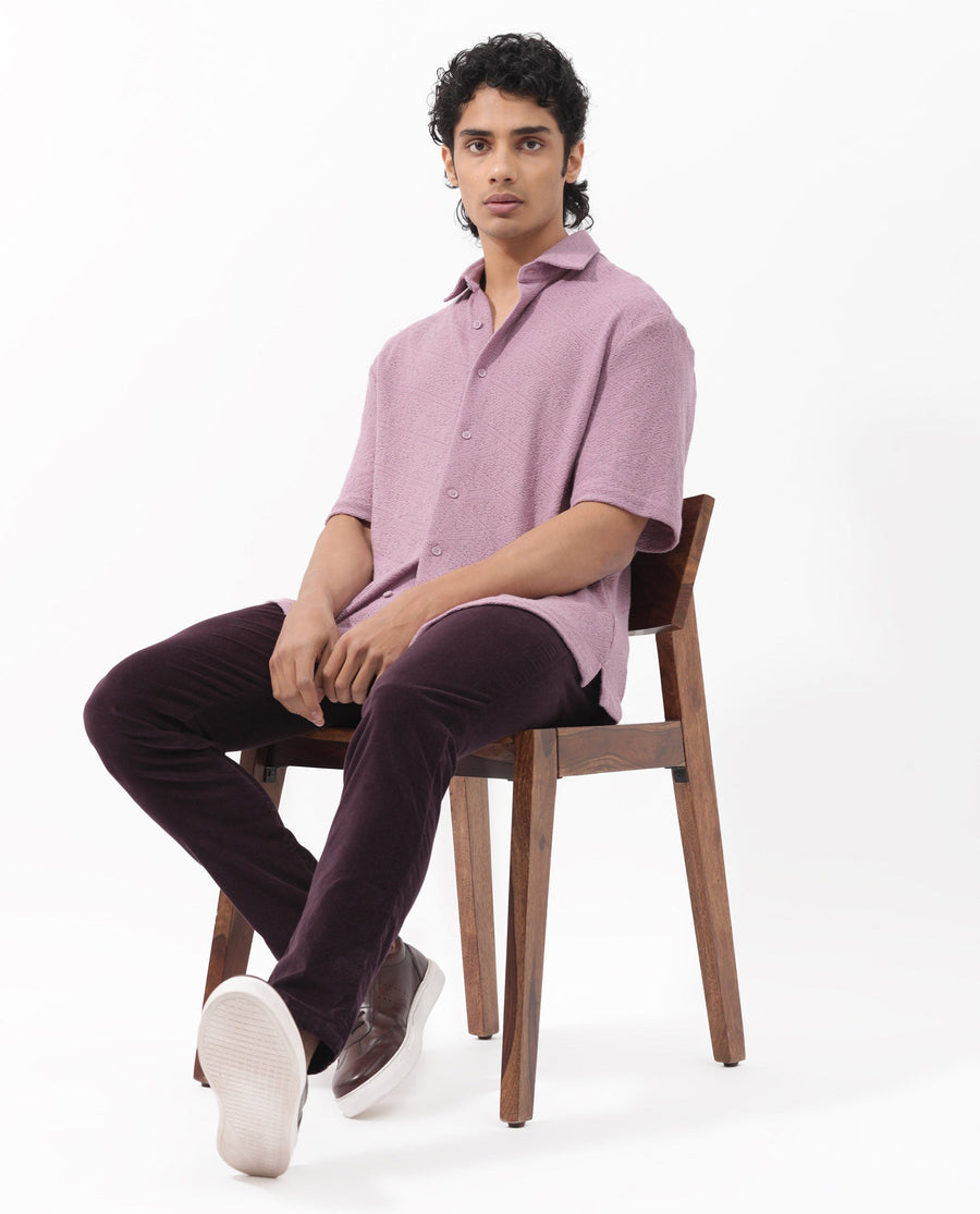 Rare Rabbit Men's Domat Dusky Purple Cotton Jacquard Boxy Fit Half Sleeve Collared Shirt