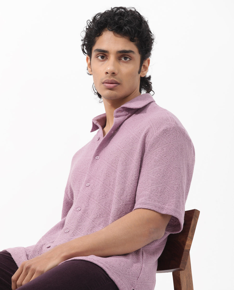 Rare Rabbit Men's Domat Dusky Purple Cotton Jacquard Boxy Fit Half Sleeve Collared Shirt
