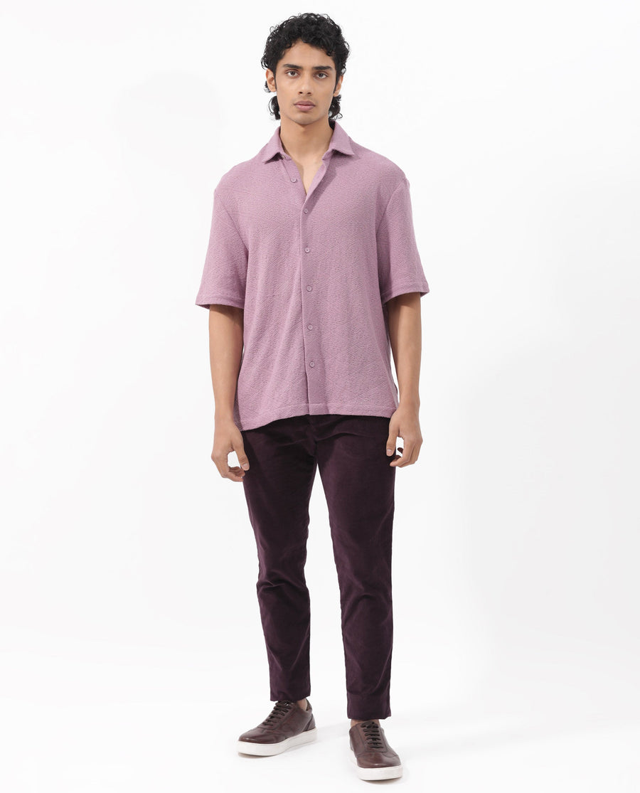 Rare Rabbit Men's Domat Dusky Purple Cotton Jacquard Boxy Fit Half Sleeve Collared Shirt