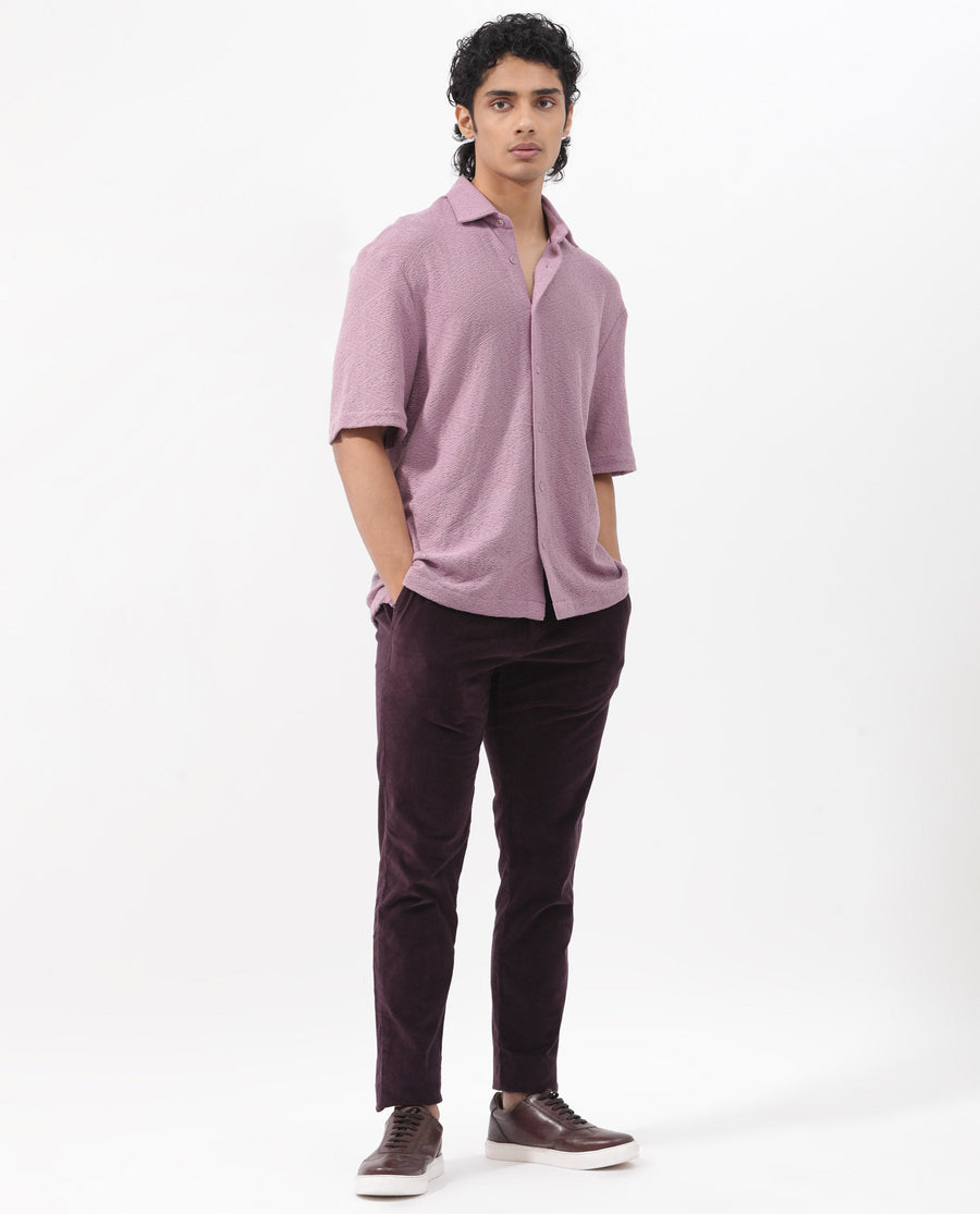 Rare Rabbit Men's Domat Dusky Purple Cotton Jacquard Boxy Fit Half Sleeve Collared Shirt