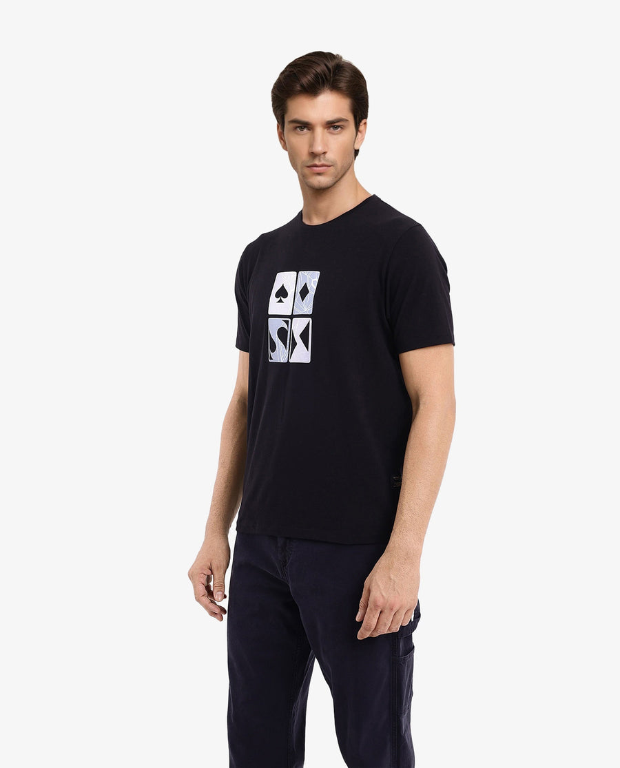 Rare Rabbit Men's Dom Black Cotton Graphic Print Oversized Fit Half Sleeve Crew Neck T-Shirt