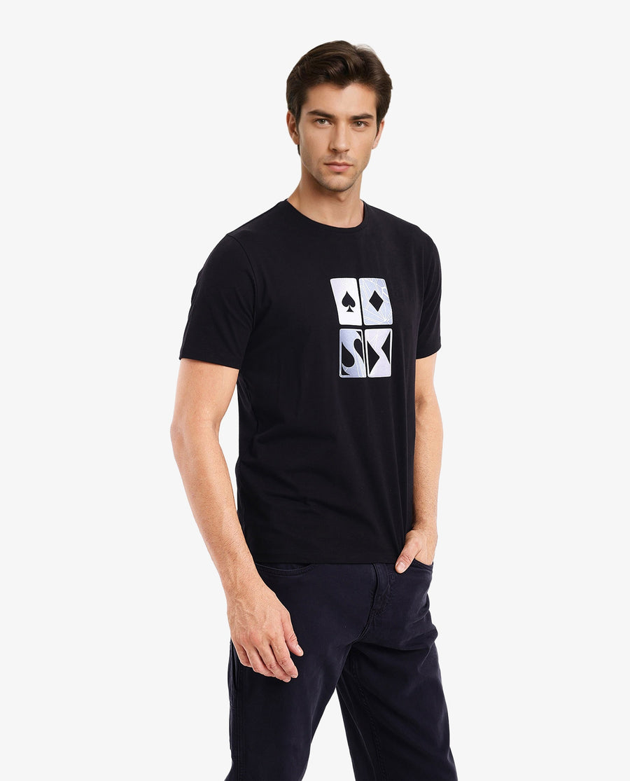 Rare Rabbit Men's Dom Black Cotton Graphic Print Oversized Fit Half Sleeve Crew Neck T-Shirt