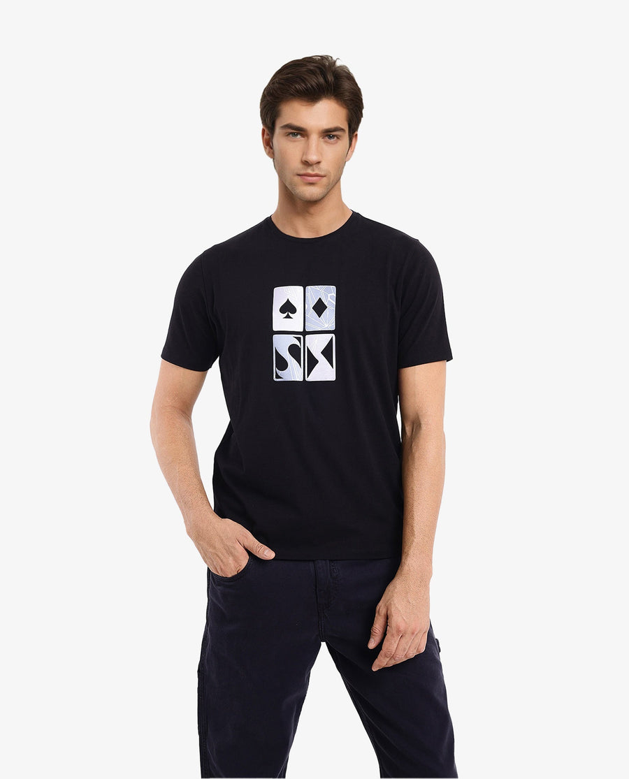 Rare Rabbit Men's Dom Black Cotton Graphic Print Oversized Fit Half Sleeve Crew Neck T-Shirt