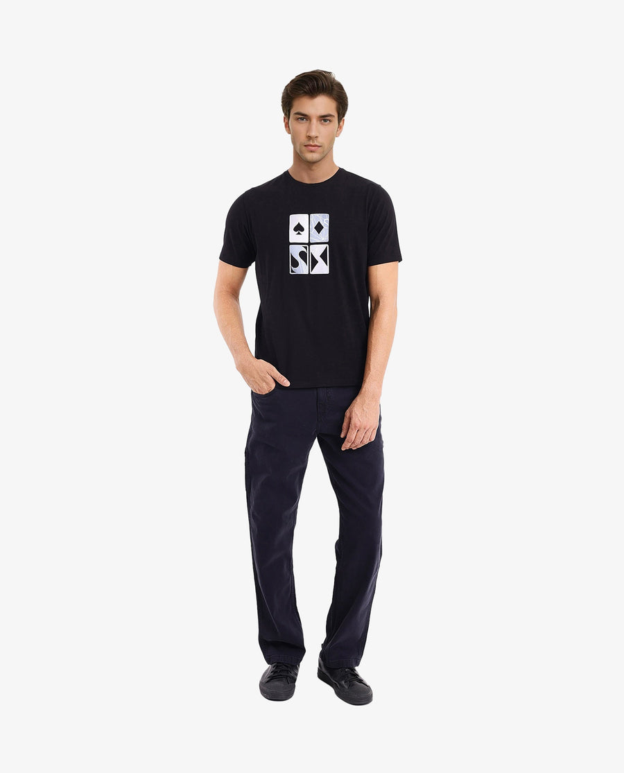 Rare Rabbit Men's Dom Black Cotton Graphic Print Oversized Fit Half Sleeve Crew Neck T-Shirt