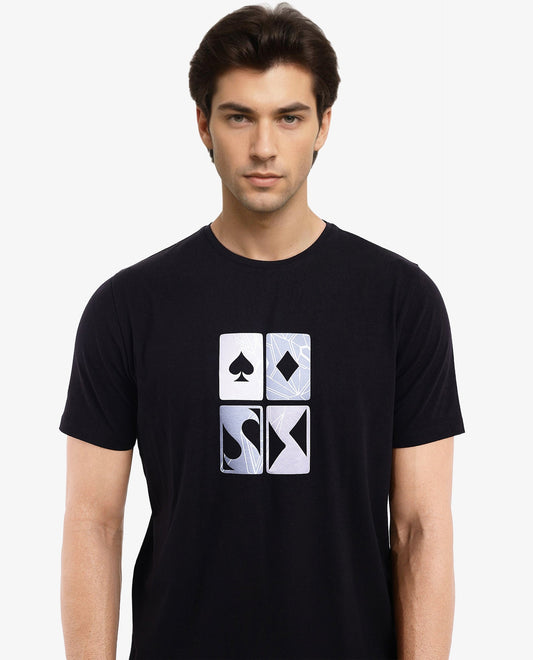 Rare Rabbit Men's Dom Black Cotton Graphic Print Oversized Fit Half Sleeve Crew Neck T-Shirt