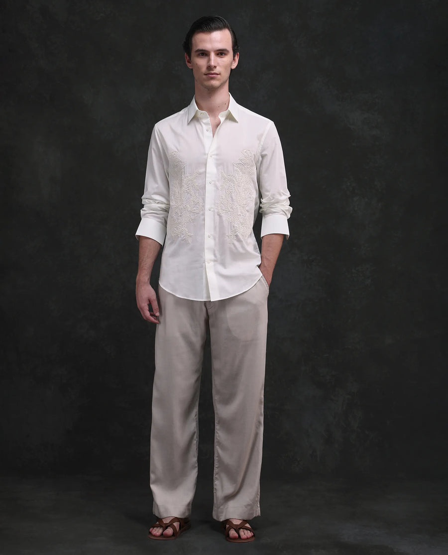 Rare Rabbit Men's Dori White Cotton Fabric Full Sleeves Collared Neck Button Closure Embroidered Shirt