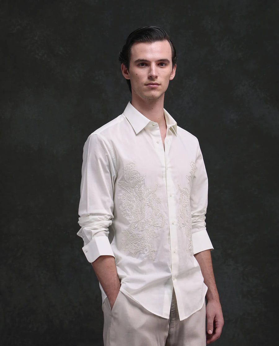 Rare Rabbit Men's Dori White Cotton Fabric Full Sleeves Collared Neck Button Closure Embroidered Shirt