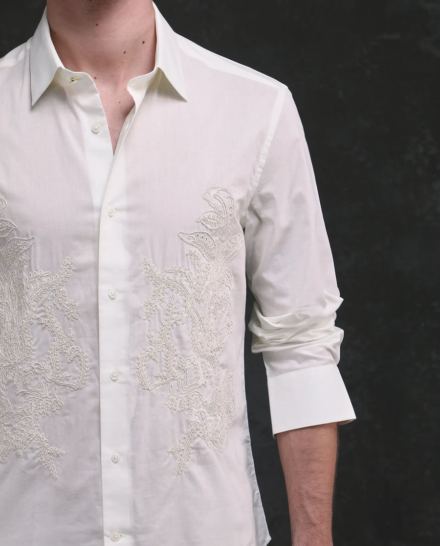 Rare Rabbit Men's Dori White Cotton Fabric Full Sleeves Collared Neck Button Closure Embroidered Shirt