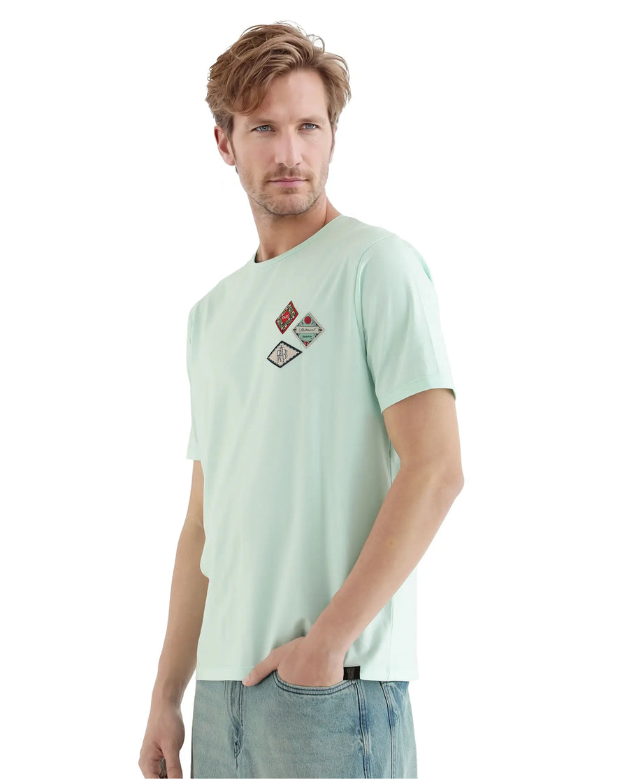 Rare Rabbit Men's Dorl Light Blue Cotton Blend Graphic Print Regular Fit Half Sleeve Crew Neck T-Shirt