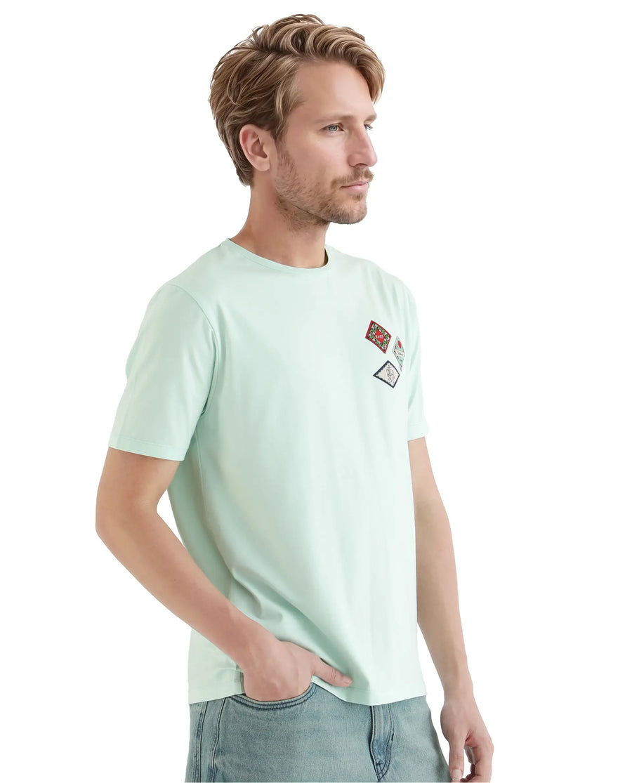 Rare Rabbit Men's Dorl Light Blue Cotton Blend Graphic Print Regular Fit Half Sleeve Crew Neck T-Shirt