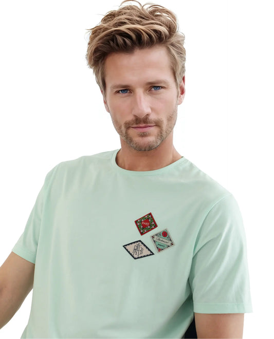 Rare Rabbit Men's Dorl Light Blue Cotton Blend Graphic Print Regular Fit Half Sleeve Crew Neck T-Shirt