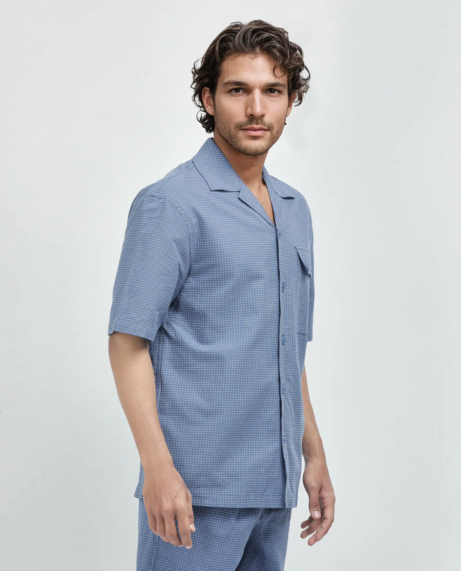 Rare Rabbit Men's Dorn-S Blue Cotton Checked Print Boxy Fit Half Sleeve Cuban Collar Shirt