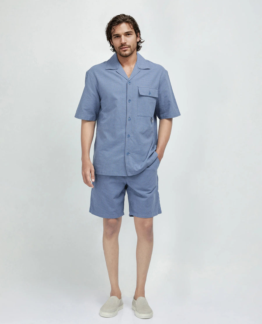 Rare Rabbit Men's Dorn-S Blue Cotton Checked Print Boxy Fit Half Sleeve Cuban Collar Shirt