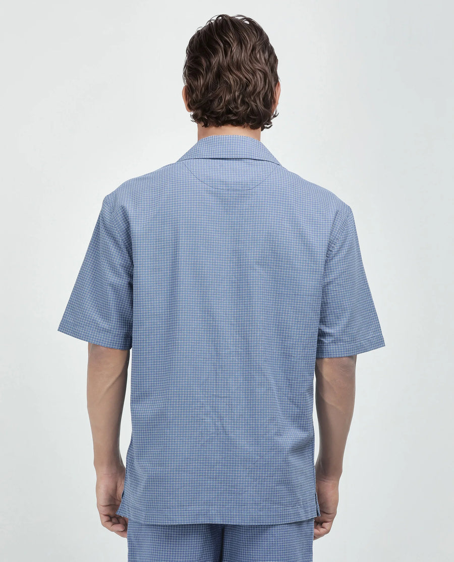Rare Rabbit Men's Dorn-S Blue Cotton Checked Print Boxy Fit Half Sleeve Cuban Collar Shirt