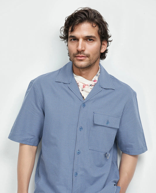 Rare Rabbit Men's Dorn-S Blue Cotton Checked Print Boxy Fit Half Sleeve Cuban Collar Shirt