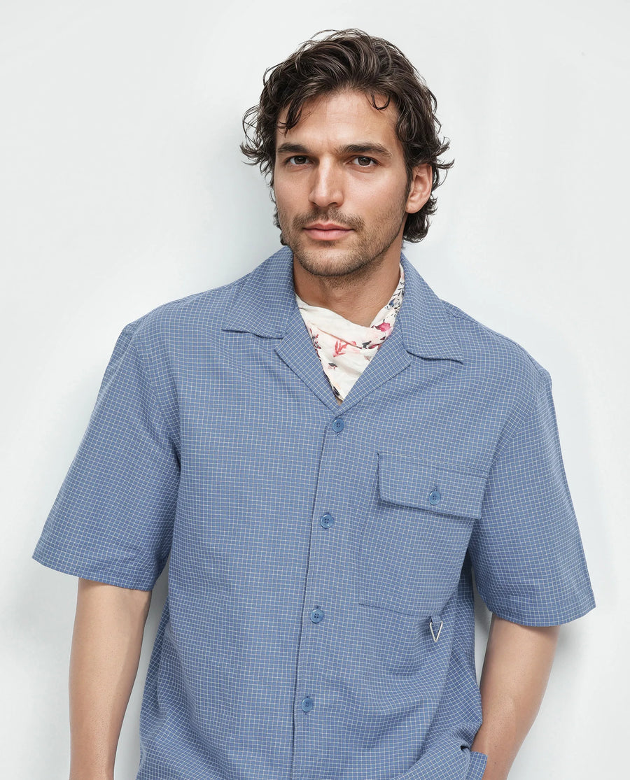 Rare Rabbit Men's Dorn-S Blue Cotton Checked Print Boxy Fit Half Sleeve Cuban Collar Shirt