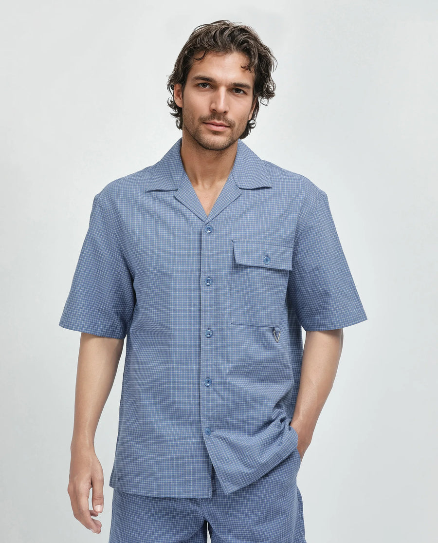 Rare Rabbit Men's Dorn-S Blue Cotton Checked Print Boxy Fit Half Sleeve Cuban Collar Shirt