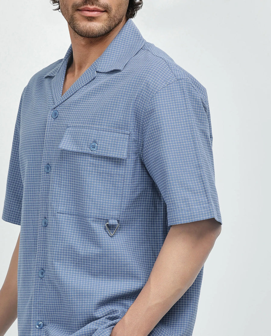 Rare Rabbit Men's Dorn-S Blue Cotton Checked Print Boxy Fit Half Sleeve Cuban Collar Shirt