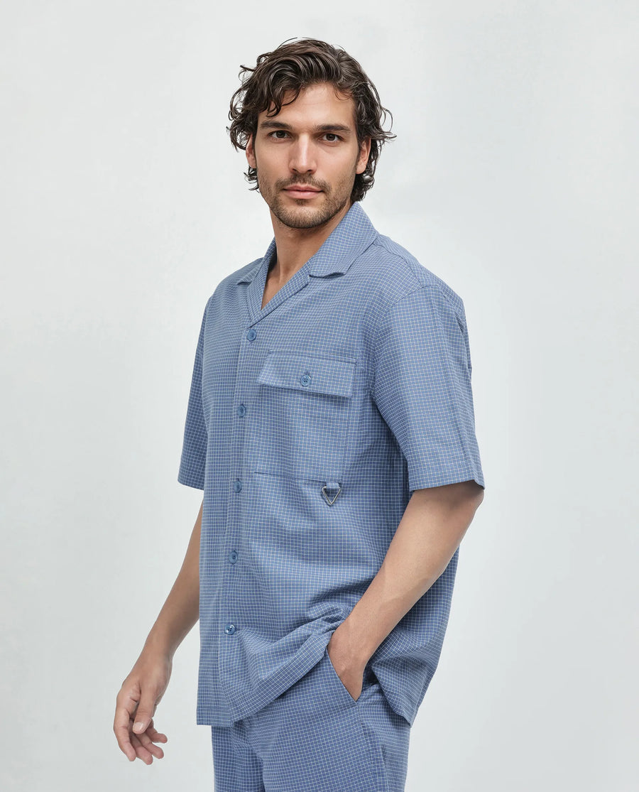 Rare Rabbit Men's Dorn-S Blue Cotton Checked Print Boxy Fit Half Sleeve Cuban Collar Shirt
