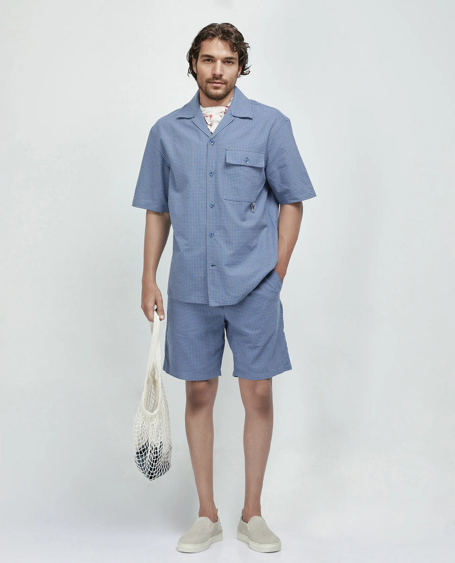 Rare Rabbit Men's Dorn Blue Cotton Checked Print Relaxed Fit Shorts