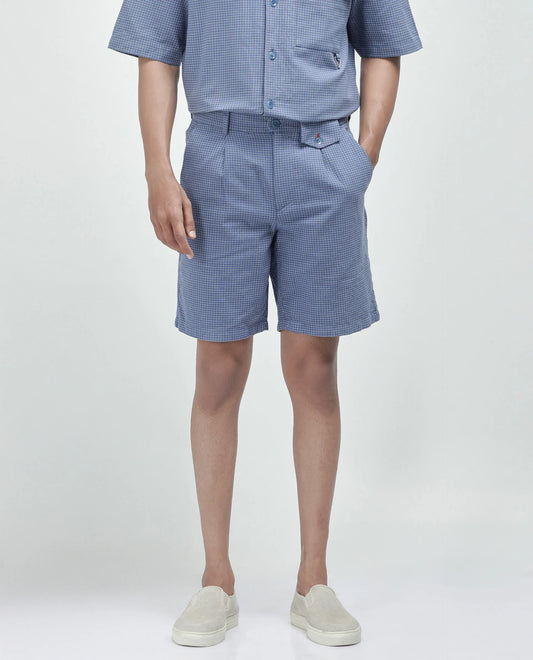 Rare Rabbit Men's Dorn Blue Cotton Checked Print Relaxed Fit Shorts