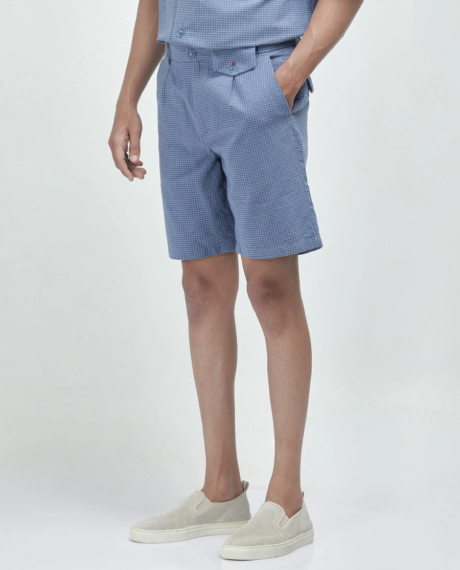 Rare Rabbit Men's Dorn Blue Cotton Checked Print Relaxed Fit Shorts