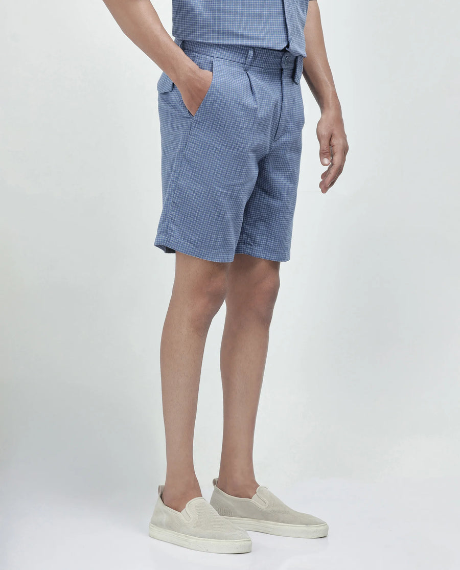 Rare Rabbit Men's Dorn Blue Cotton Checked Print Relaxed Fit Shorts