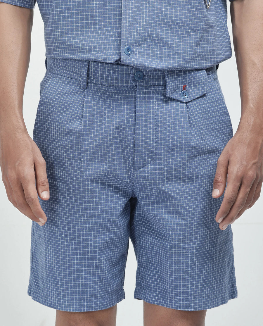Rare Rabbit Men's Dorn Blue Cotton Checked Print Relaxed Fit Shorts