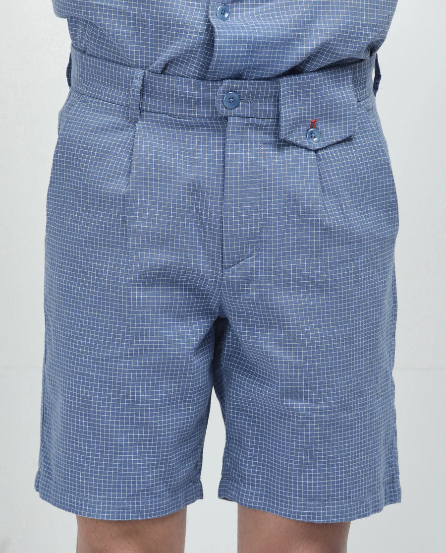 Rare Rabbit Men's Dorn Blue Cotton Checked Print Relaxed Fit Shorts