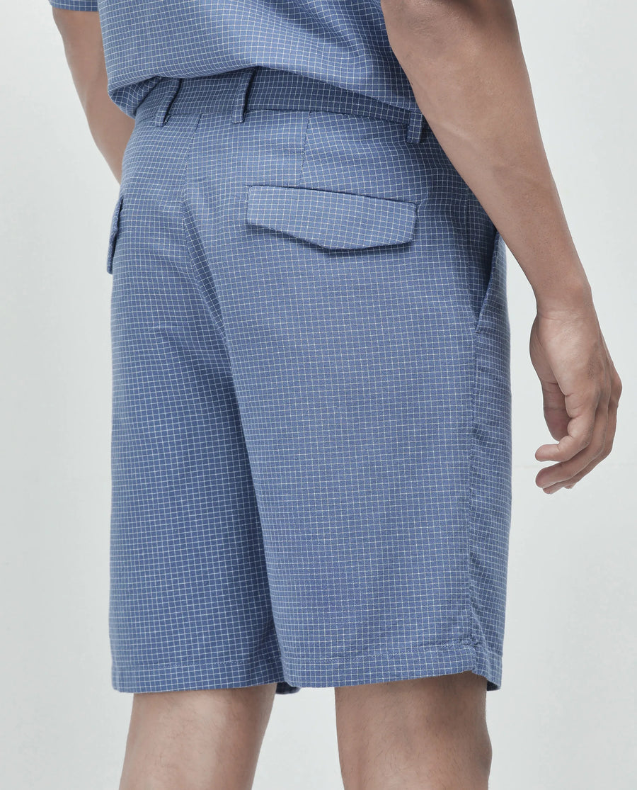 Rare Rabbit Men's Dorn Blue Cotton Checked Print Relaxed Fit Shorts