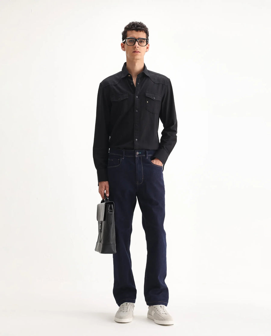 Rare Rabbit Men's Doros Navy Cotton Blend Plain Morris Regular Fit Jeans