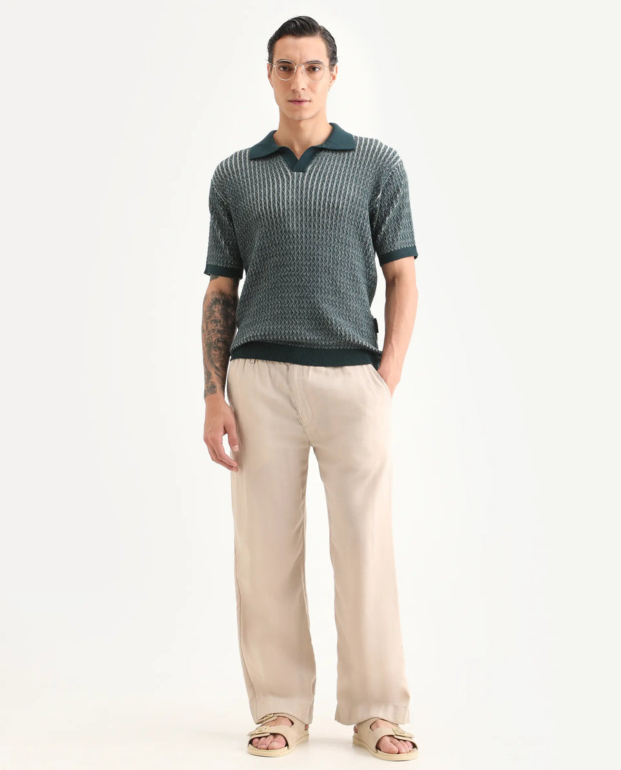 Rare Rabbit Men's Dot Petrol Cotton Fabric Full Sleeve Regular Fit Textured Polo