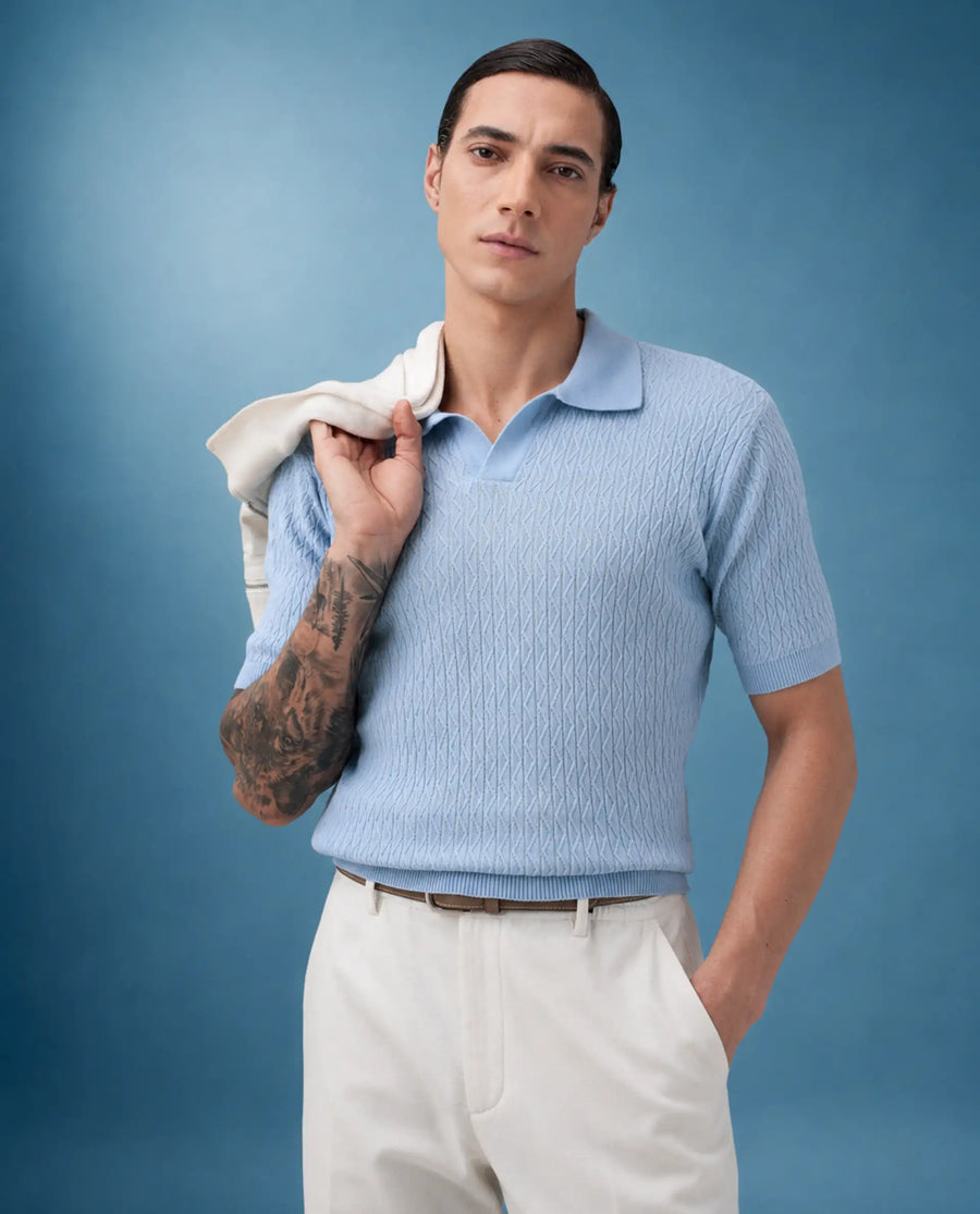 Rare Rabbit Men's Dot Light Blue Cotton Fabric Full Sleeve Regular Fit Textured Polo