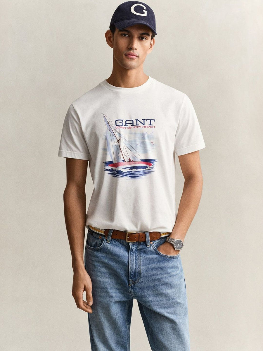 Gant Men Off White Printed Regular Fit Pure Cotton T-Shirt