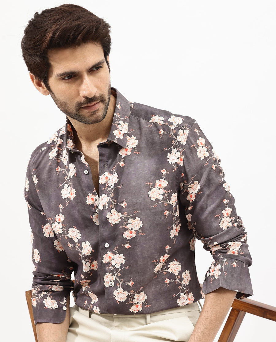 Rare Rabbit Men's Drang Dark Brown Viscose Floral Print Regular Fit Full Sleeve Collared Shirt