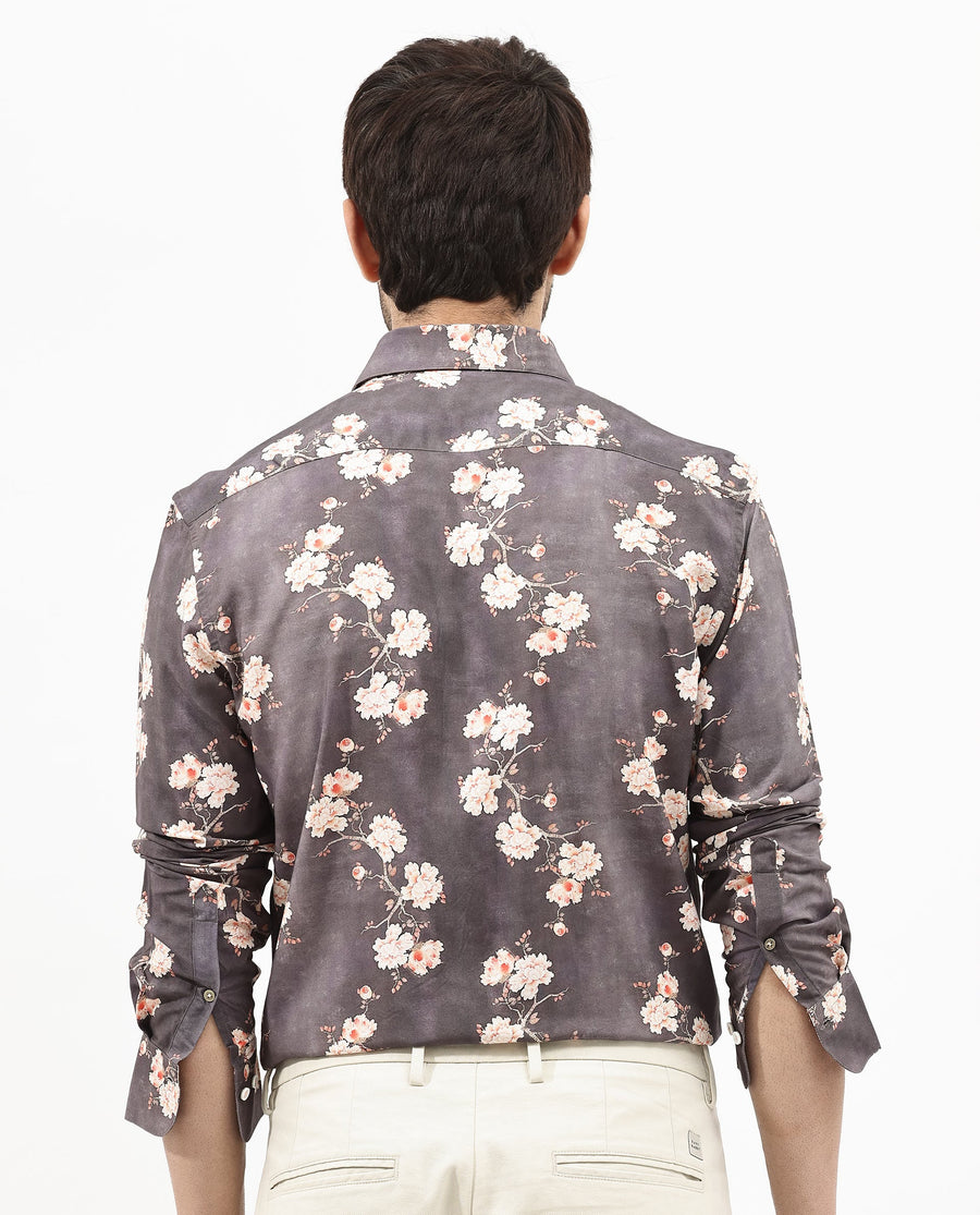 Rare Rabbit Men's Drang Dark Brown Viscose Floral Print Regular Fit Full Sleeve Collared Shirt