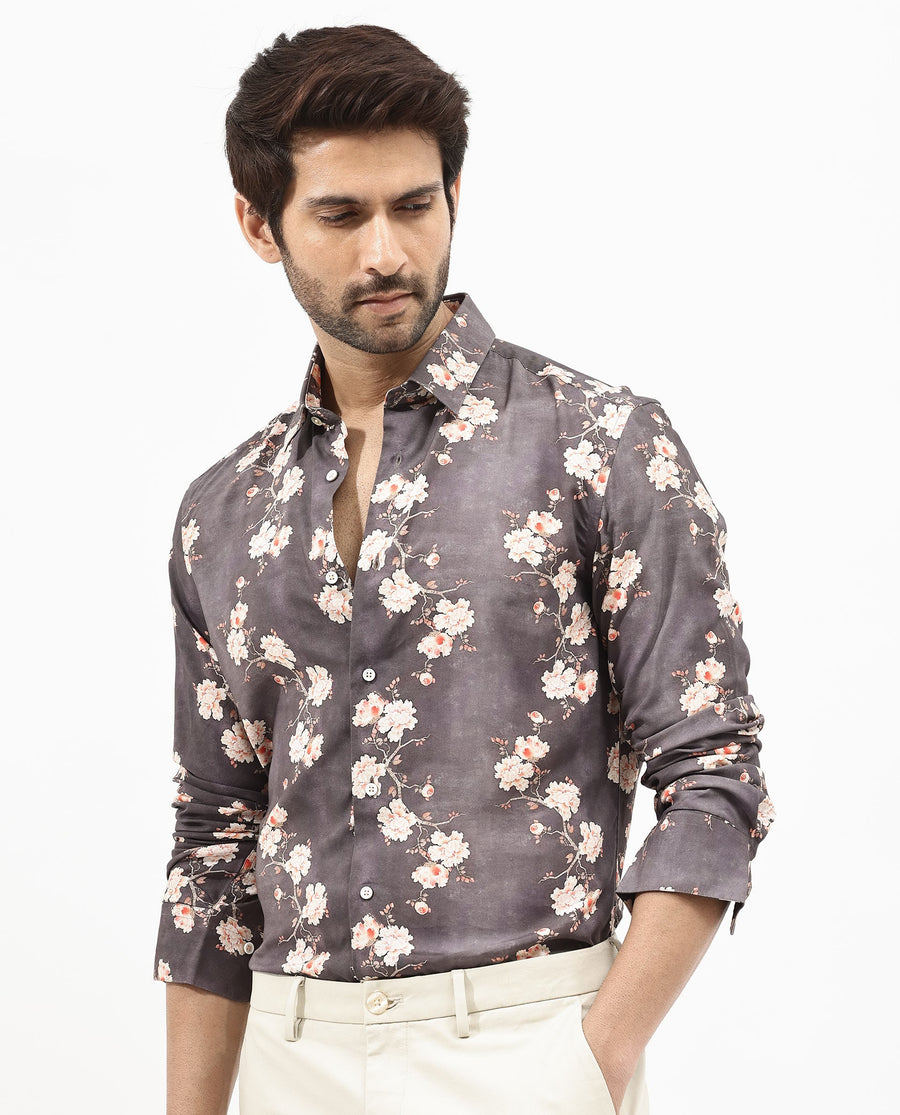 Rare Rabbit Men's Drang Dark Brown Viscose Floral Print Regular Fit Full Sleeve Collared Shirt