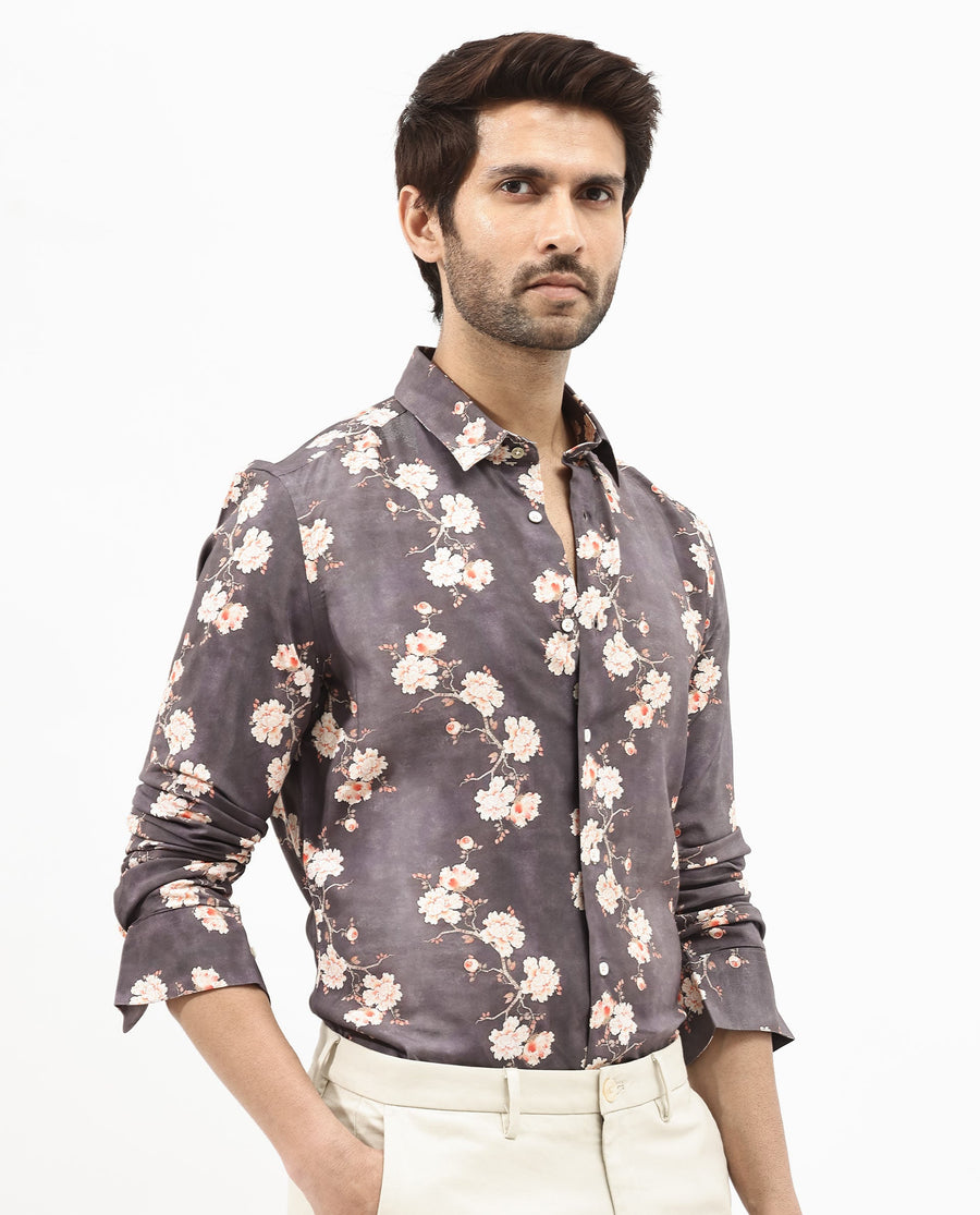 Rare Rabbit Men's Drang Dark Brown Viscose Floral Print Regular Fit Full Sleeve Collared Shirt