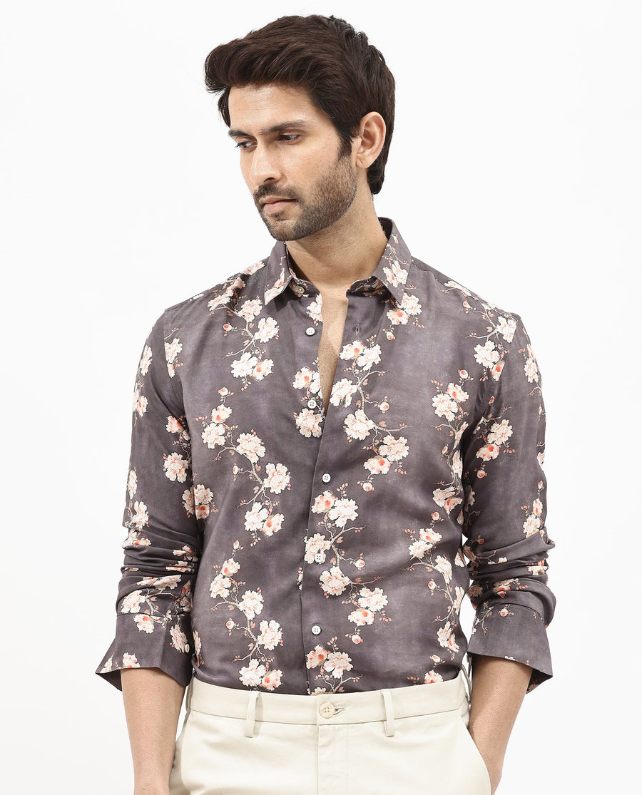 Rare Rabbit Men's Drang Dark Brown Viscose Floral Print Regular Fit Full Sleeve Collared Shirt
