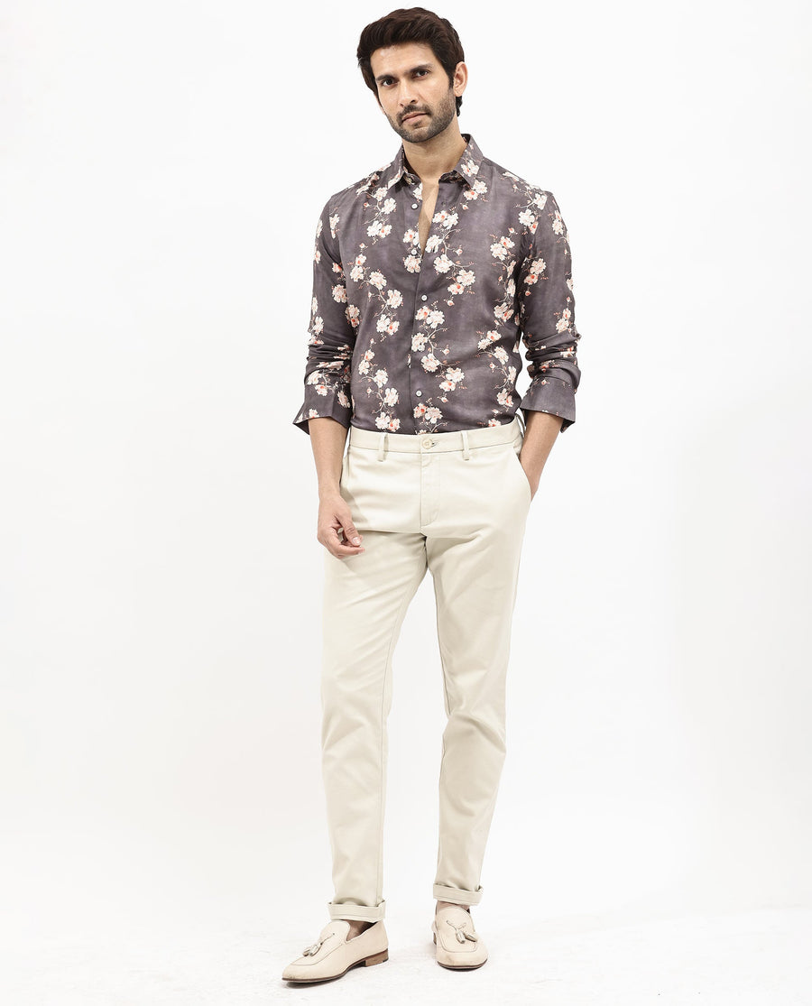 Rare Rabbit Men's Drang Dark Brown Viscose Floral Print Regular Fit Full Sleeve Collared Shirt