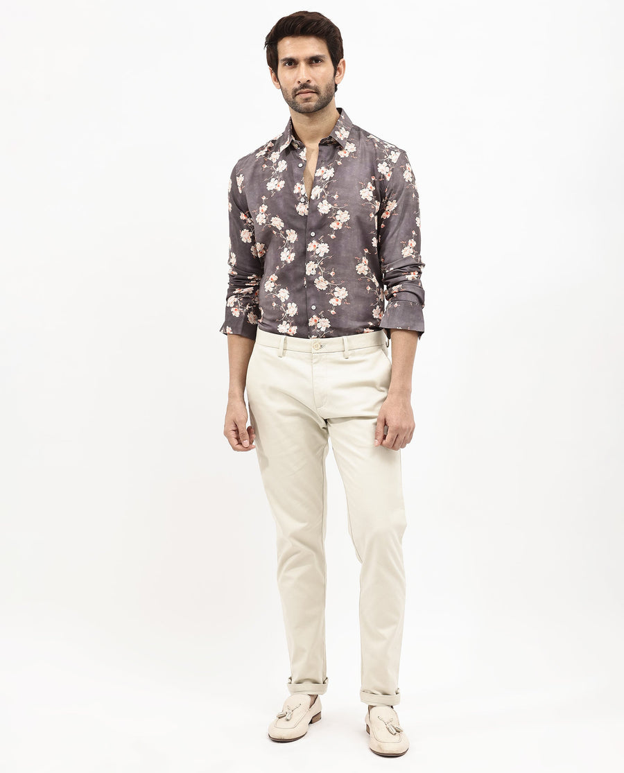 Rare Rabbit Men's Drang Dark Brown Viscose Floral Print Regular Fit Full Sleeve Collared Shirt