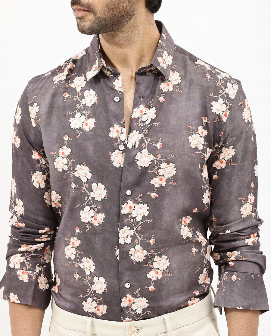 Rare Rabbit Men's Drang Dark Brown Viscose Floral Print Regular Fit Full Sleeve Collared Shirt