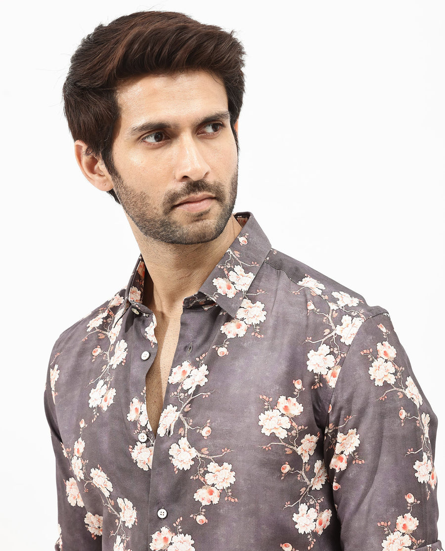 Rare Rabbit Men's Drang Dark Brown Viscose Floral Print Regular Fit Full Sleeve Collared Shirt