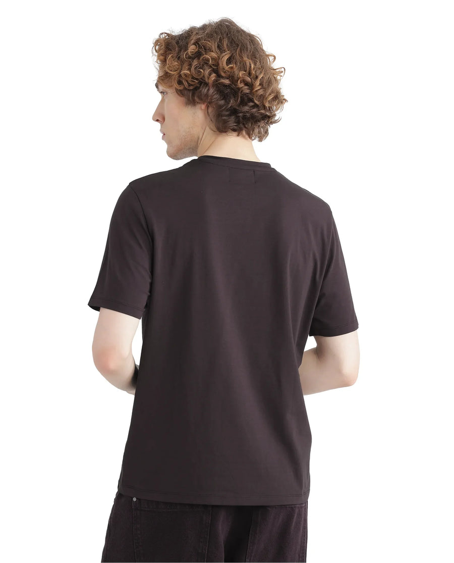 Rare Rabbit Men's Drax Dark Brown Cotton Blend Graphic Print Regular Fit Half Sleeve Crew Neck T-Shirt