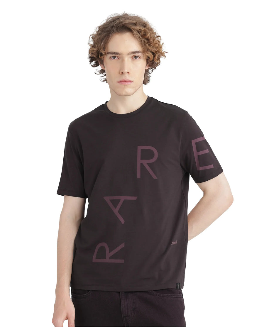 Rare Rabbit Men's Drax Dark Brown Cotton Blend Graphic Print Regular Fit Half Sleeve Crew Neck T-Shirt
